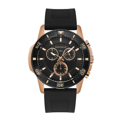 Caravelle Men's Sport Two-Tone Black & Pink Stainless Steel Watch with Black Dial & Black Silicone Strap