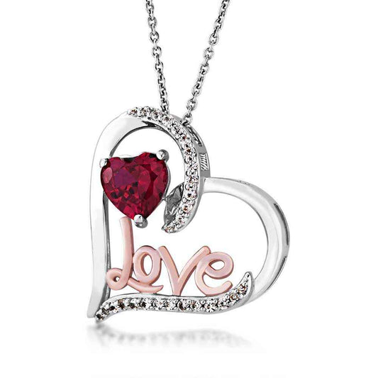 Created Heart Shaped Ruby 'Love' Pendant with Created White Sapphires in Sterling Silver