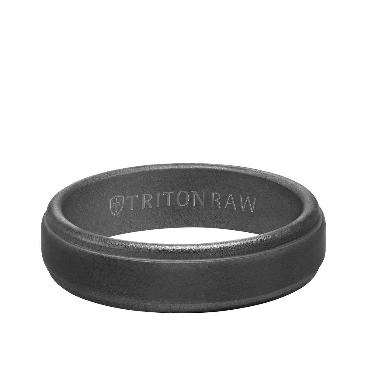 Triton Men's 6mm Tungsten Raw Sandblasted Step Edge Wedding Ring With Sandblast Finish and Black Interior