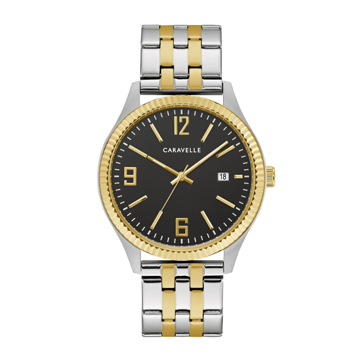 Caravelle Men's Dress Two-Tone Stainless Steel Black Dial Watch & Bracelet Set