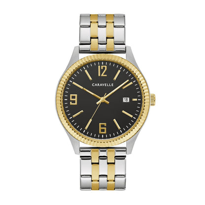 Caravelle Men's Dress Two-Tone Stainless Steel Black Dial Watch & Bracelet Set