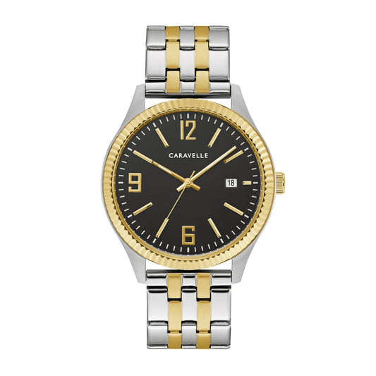 Caravelle Men's Dress Two-Tone Stainless Steel Black Dial Watch & Bracelet Set