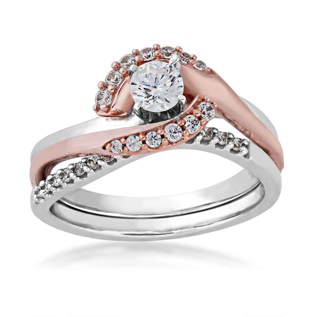 True Promise 2/3 ct. tw. Round Brilliant Diamond Wedding Set with Wraparound 14K White & Pink Gold
