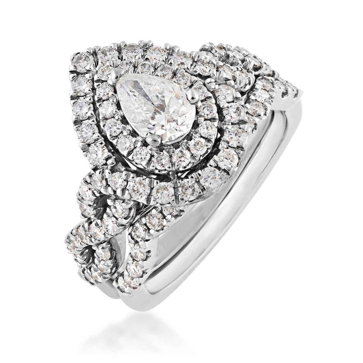 Amaura 1-1/2 ct. tw. Pear Diamond Double Halo Infinity Band Wedding Set in 14K White Gold front view
