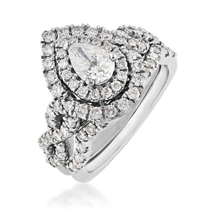 Amaura 1-1/2 ct. tw. Pear Diamond Double Halo Infinity Band Wedding Set in 14K White Gold front view