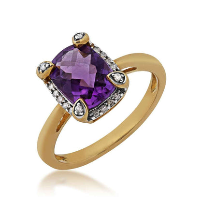 Created Cushion Amethyst and Diamond Halo Ring in 10K Yellow Gold front view