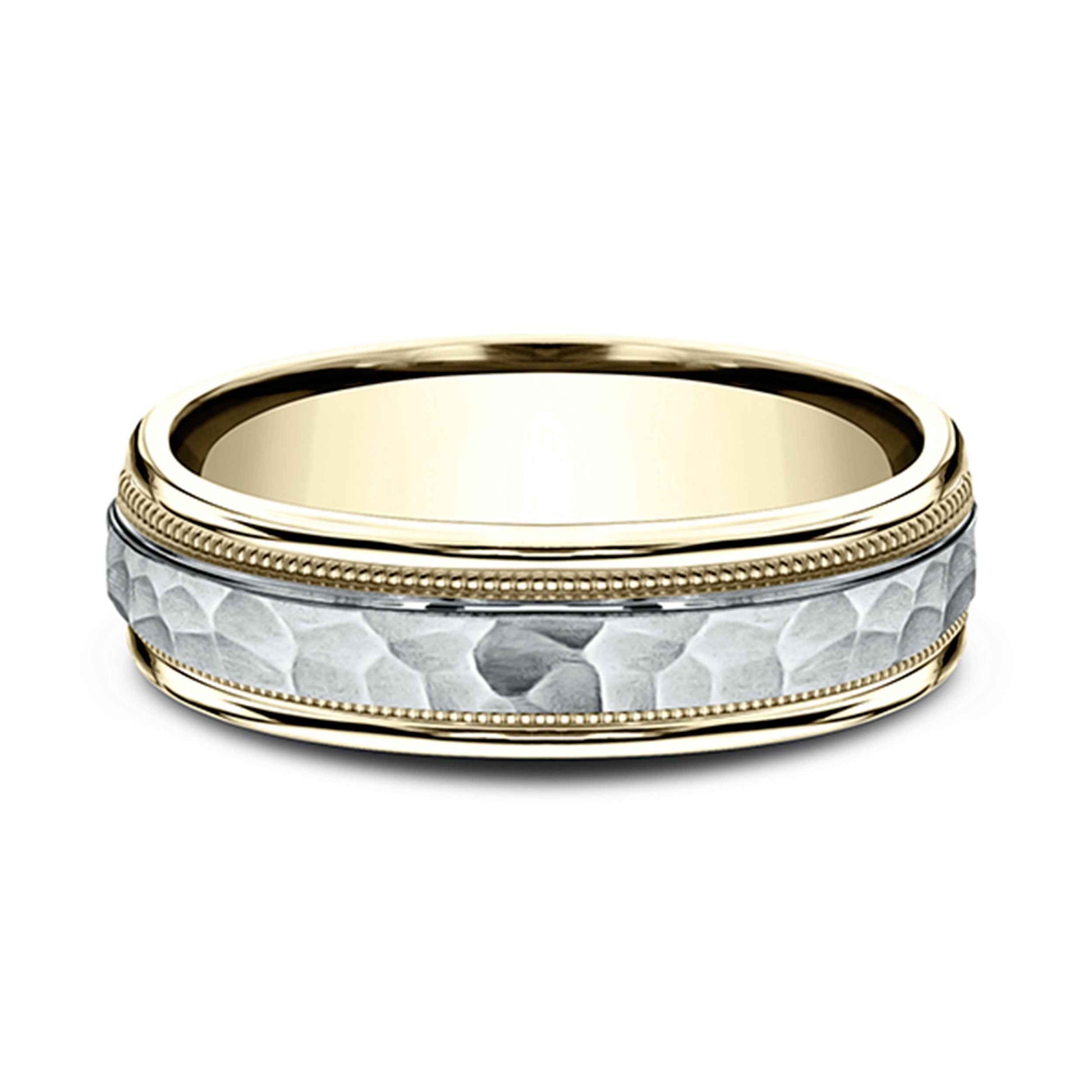 Benchmark Men's 6mm Wedding Band with Center Hammered Design in 14K White and Yellow Gold