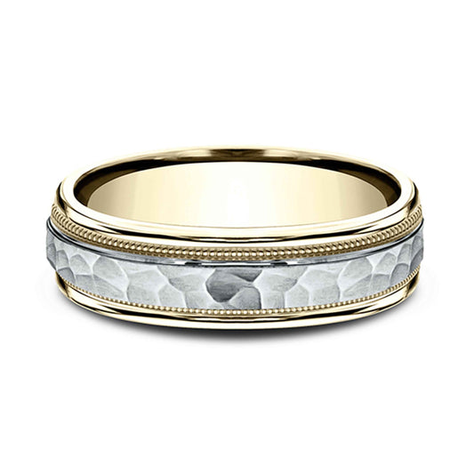 Benchmark Men's 6mm Wedding Band with Center Hammered Design in 14K White and Yellow Gold