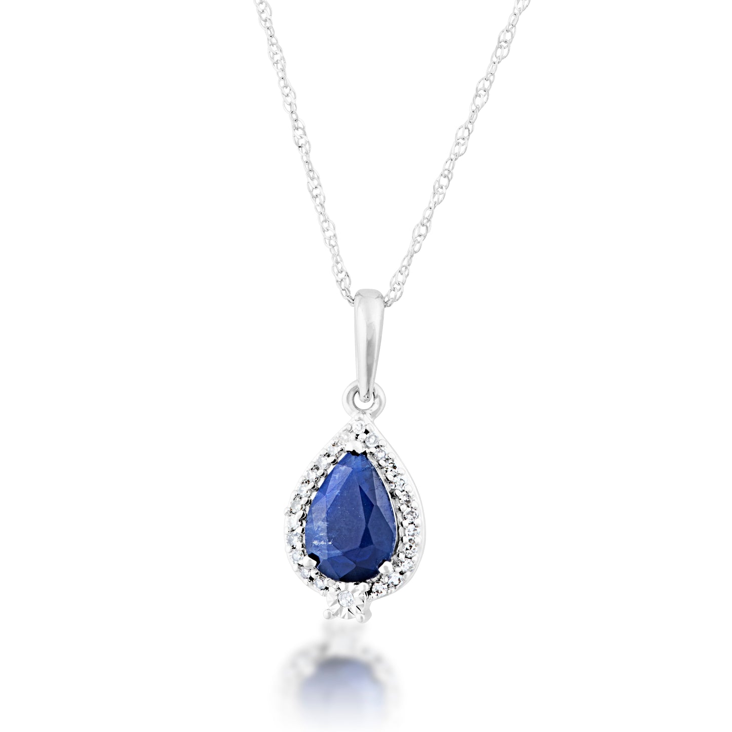 Pear Sapphire & Diamond Accent Halo Pendant in 10K White Gold
