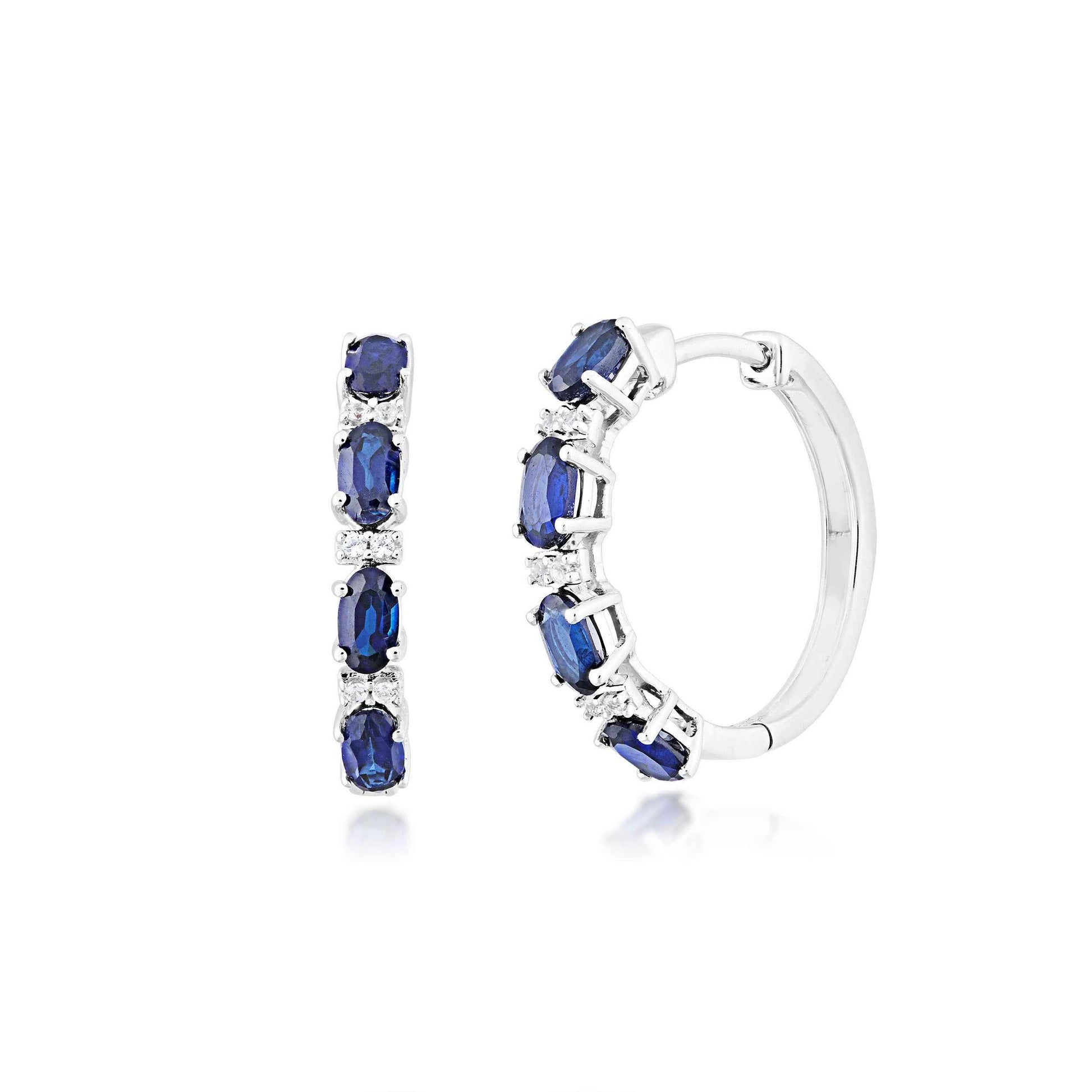 Created Blue and White Sapphire Hoop Earrings in Sterling Silver