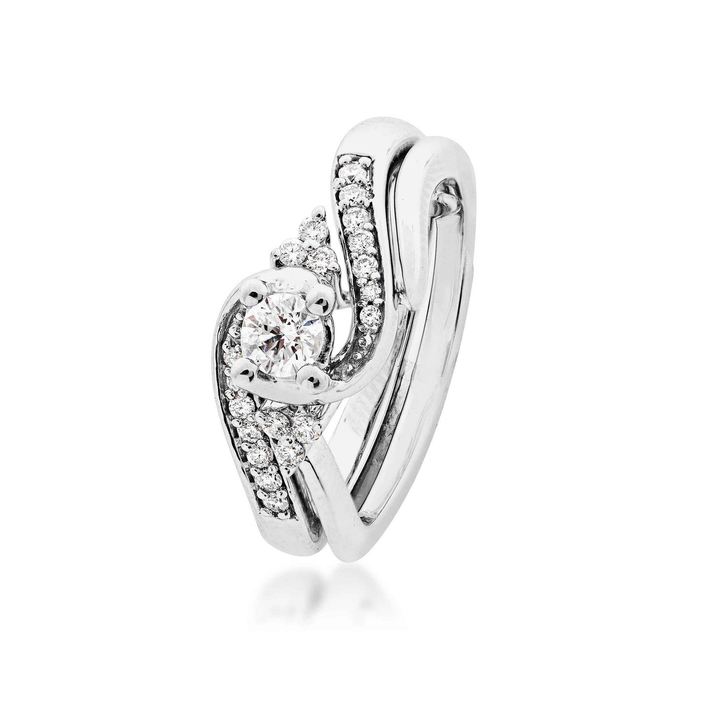True Promise 1/4 ct. Round Brilliant Diamond Wedding Set with 1/5 ct. Diamond Swirl Accent Band in 10K White Gold front view