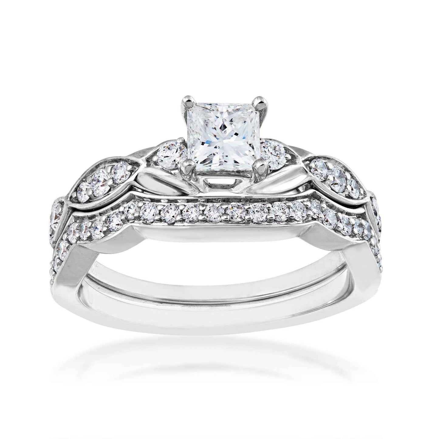 Noventa 1 ct. tw. Princess Cut Diamond Wedding Set with Vintage Inspired Band in 14K White Gold close-up detail
