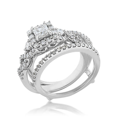 Noventa 1-1/2 ct. tw. Princess Cut Diamond Halo Wedding Set with Twist Band in 14K White Gold close-up detail