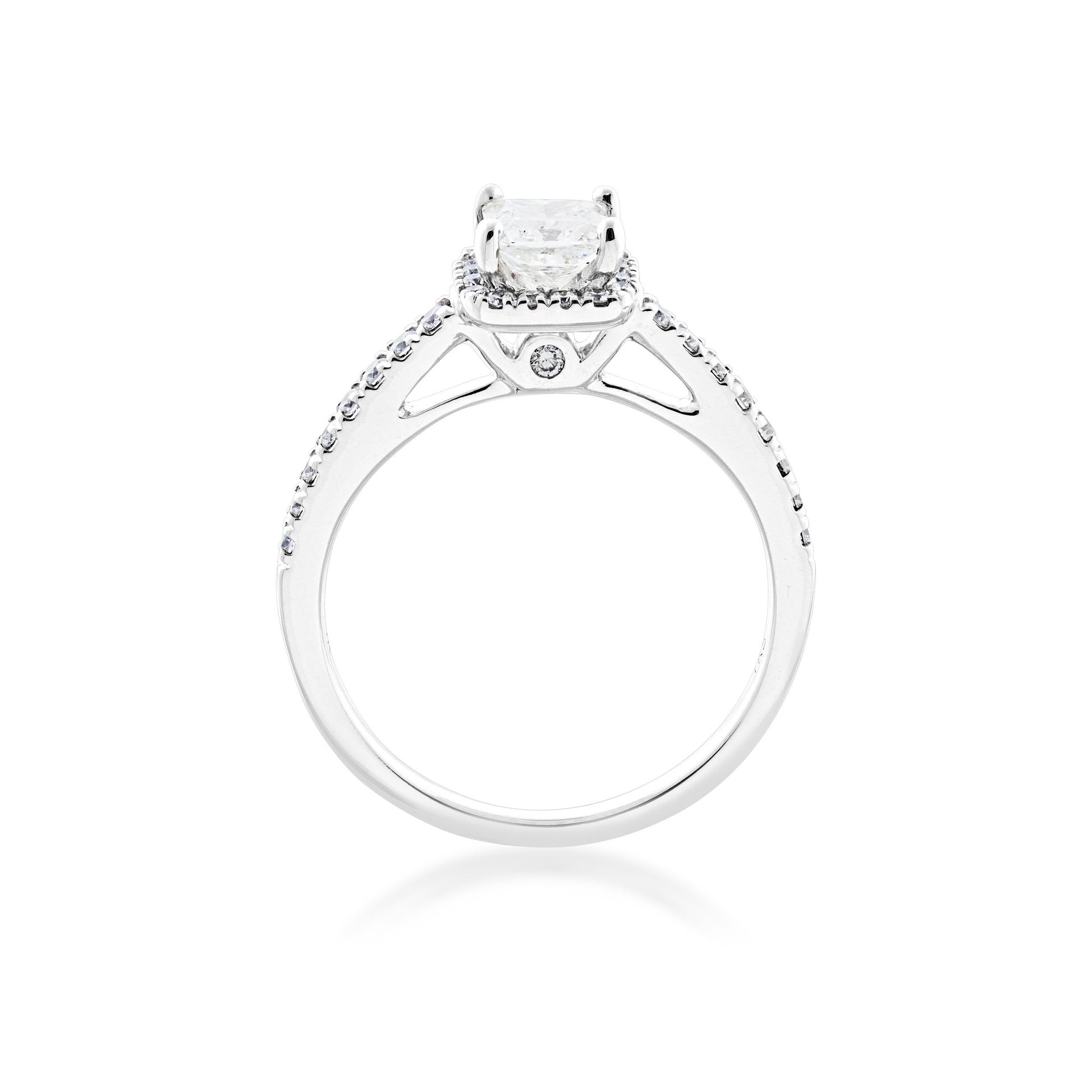 Noventa 1 1/4 ct. tw. Princess Cut Diamond Halo Wedding Set with Undercarriage Cutout in 14K White Gold side profile