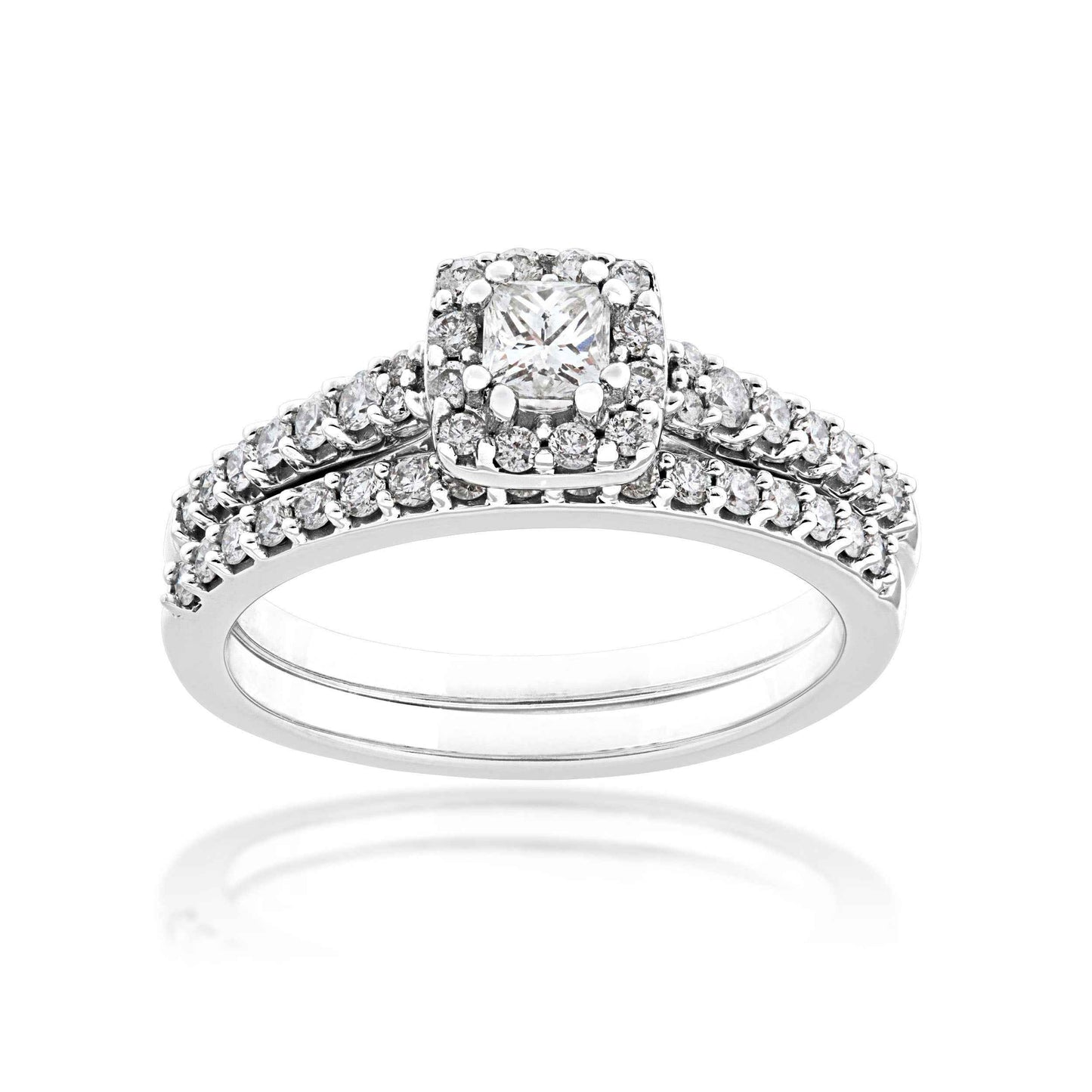 Noventa 1/4 ct. Princess Cut Diamond Wedding Set with 1/5 ct. Halo & Diamond Band in 10K White Gold