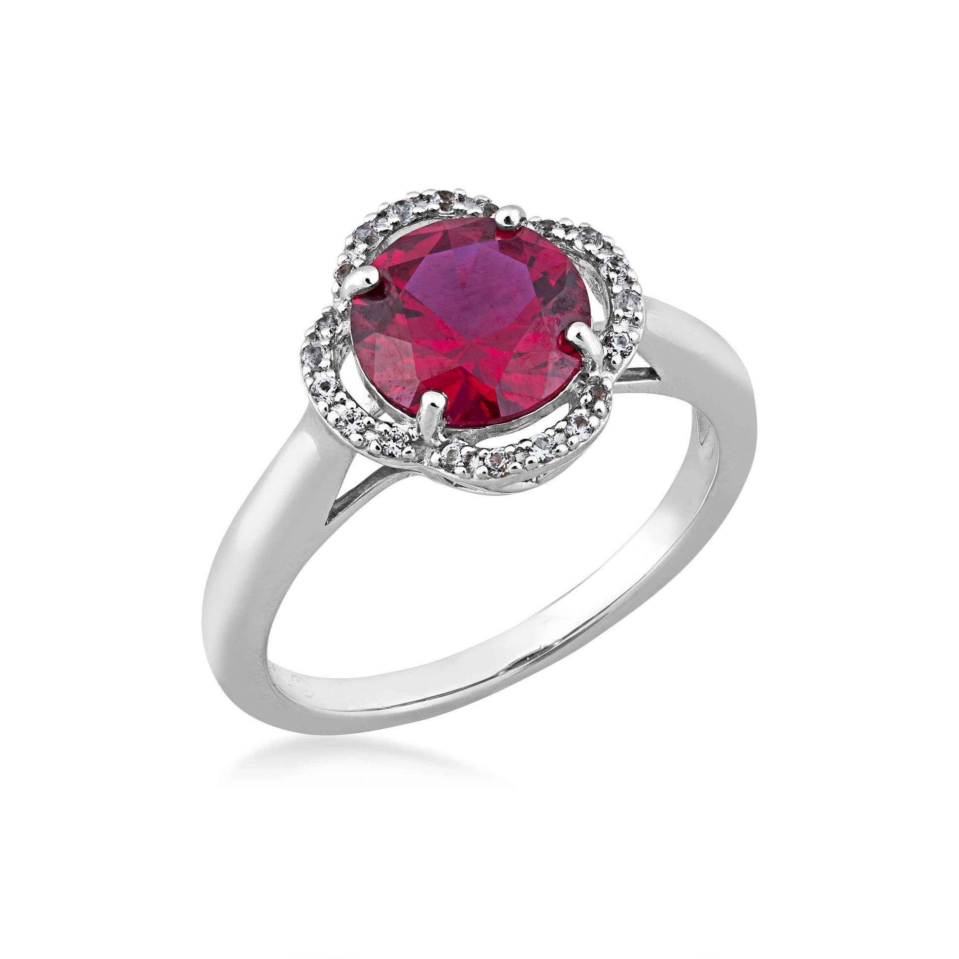 Created Round Red Ruby and Created White Sapphire Clover Halo Fashion Ring in Sterling Silver front view