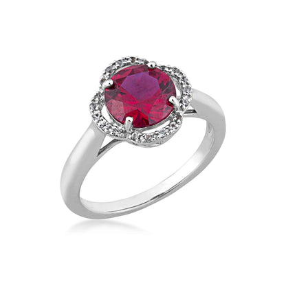 Created Round Red Ruby and Created White Sapphire Clover Halo Fashion Ring in Sterling Silver front view
