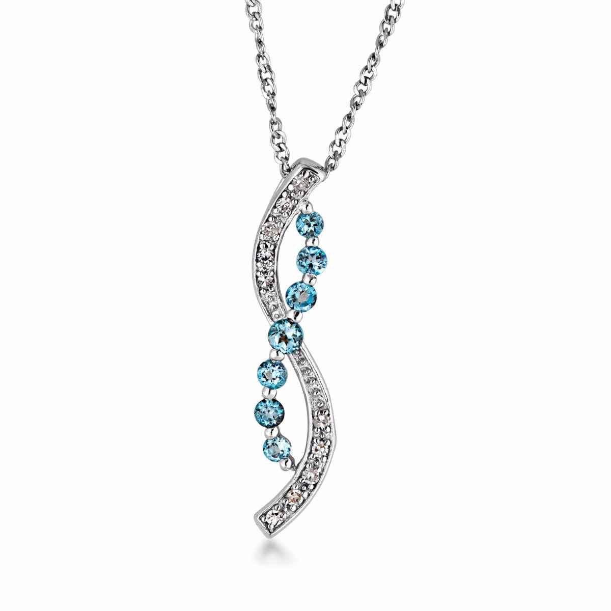 Genuine Round Swiss Blue Topaz & Diamond Journey Pendant in Sterling Silver