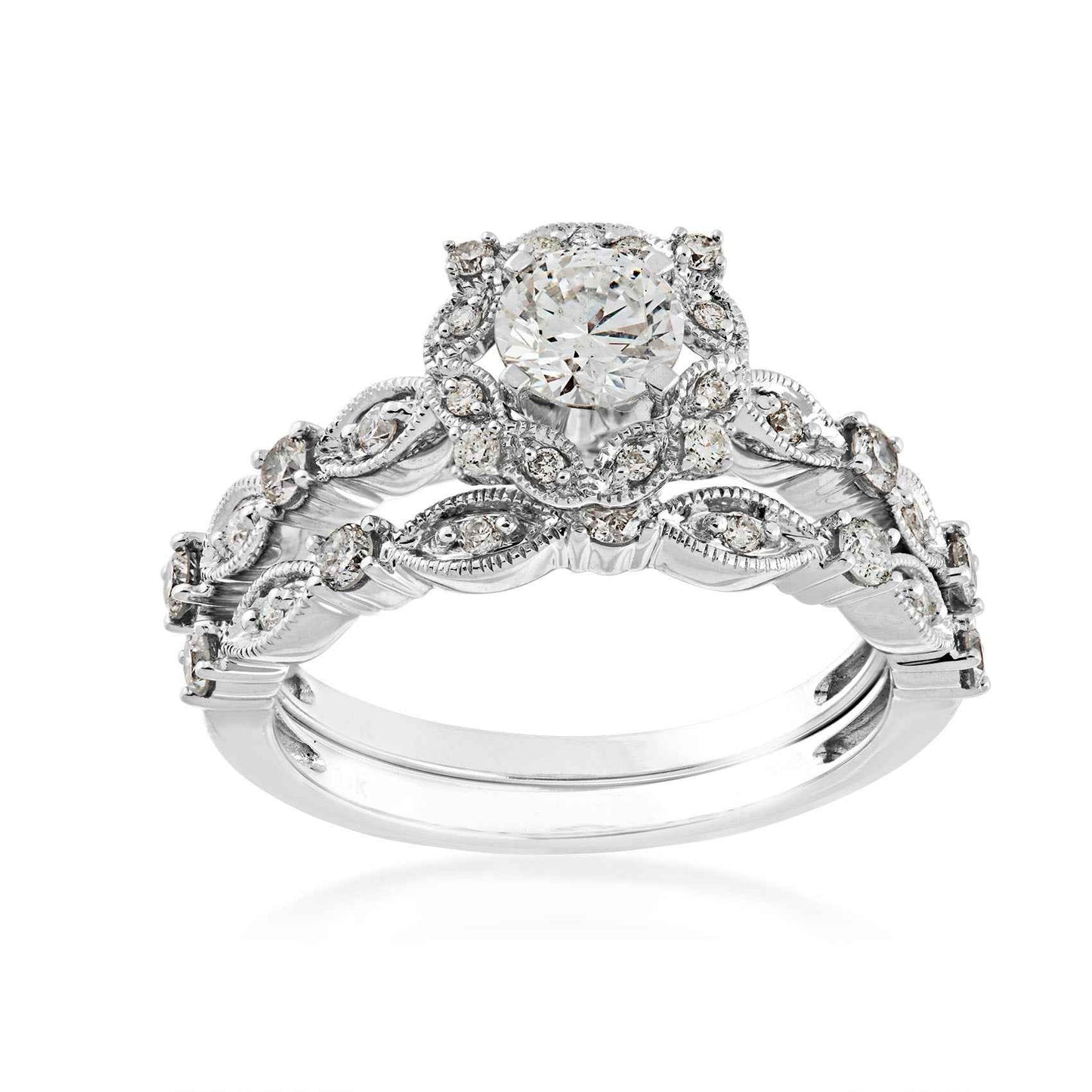 Natural 1 ct. tw. Round Brilliant Diamond Halo Milgrain Leaf Wedding Set in 14K White Gold
