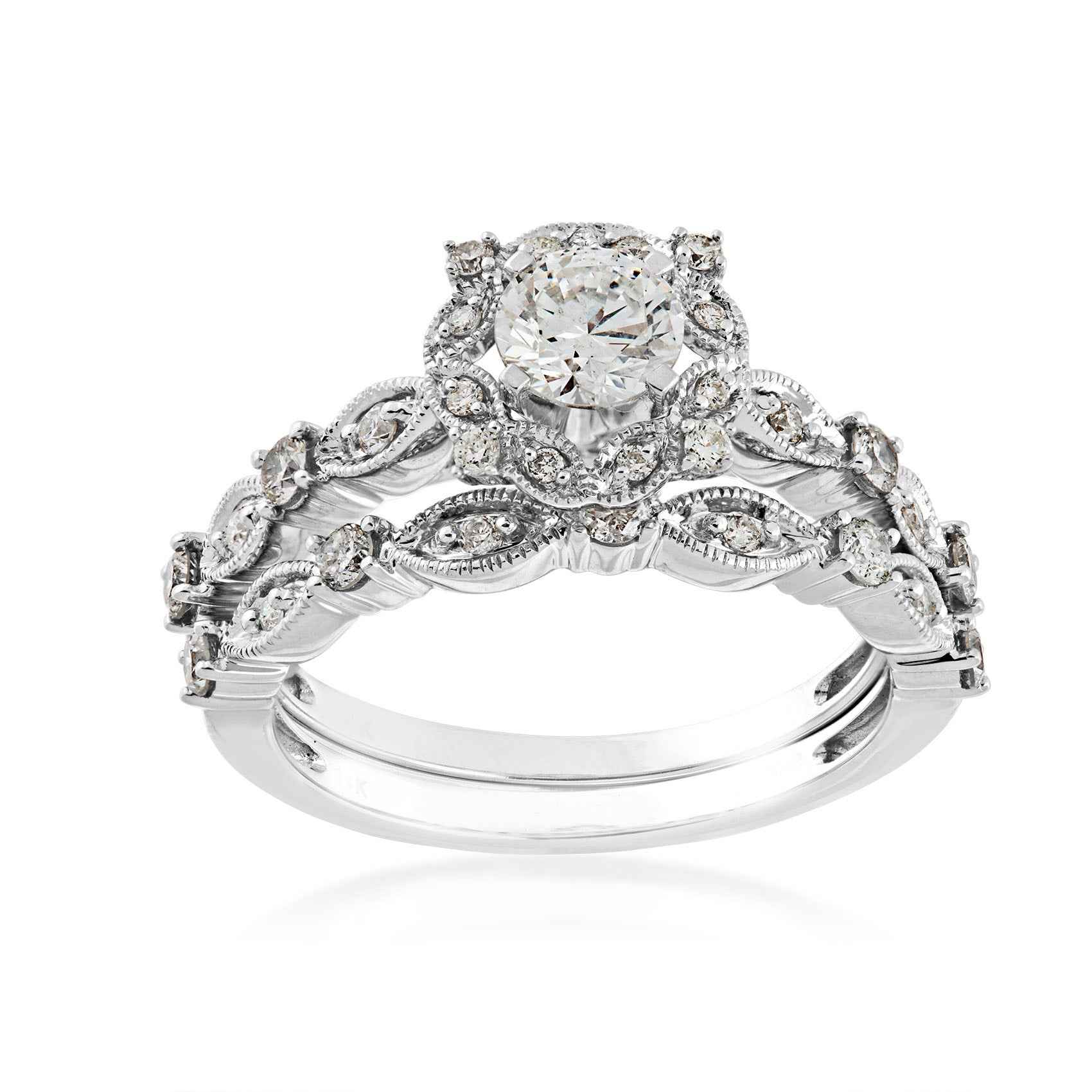 Natural 1 ct. tw. Round Brilliant Diamond Halo Milgrain Leaf Wedding Set in 14K White Gold