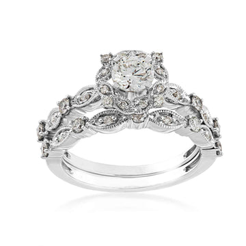 GOLD TAG Natural 1 ct. tw. Round Brilliant Diamond Halo Milgrain Leaf Wedding Set in 14K White Gold