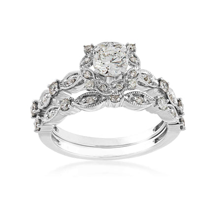 Natural 1 ct. tw. Round Brilliant Diamond Halo Milgrain Leaf Wedding Set in 14K White Gold