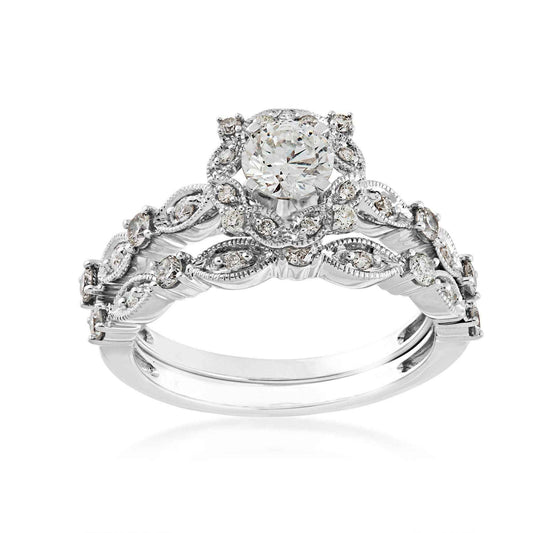 Natural 1 ct. tw. Round Brilliant Diamond Halo Milgrain Leaf Wedding Set in 14K White Gold