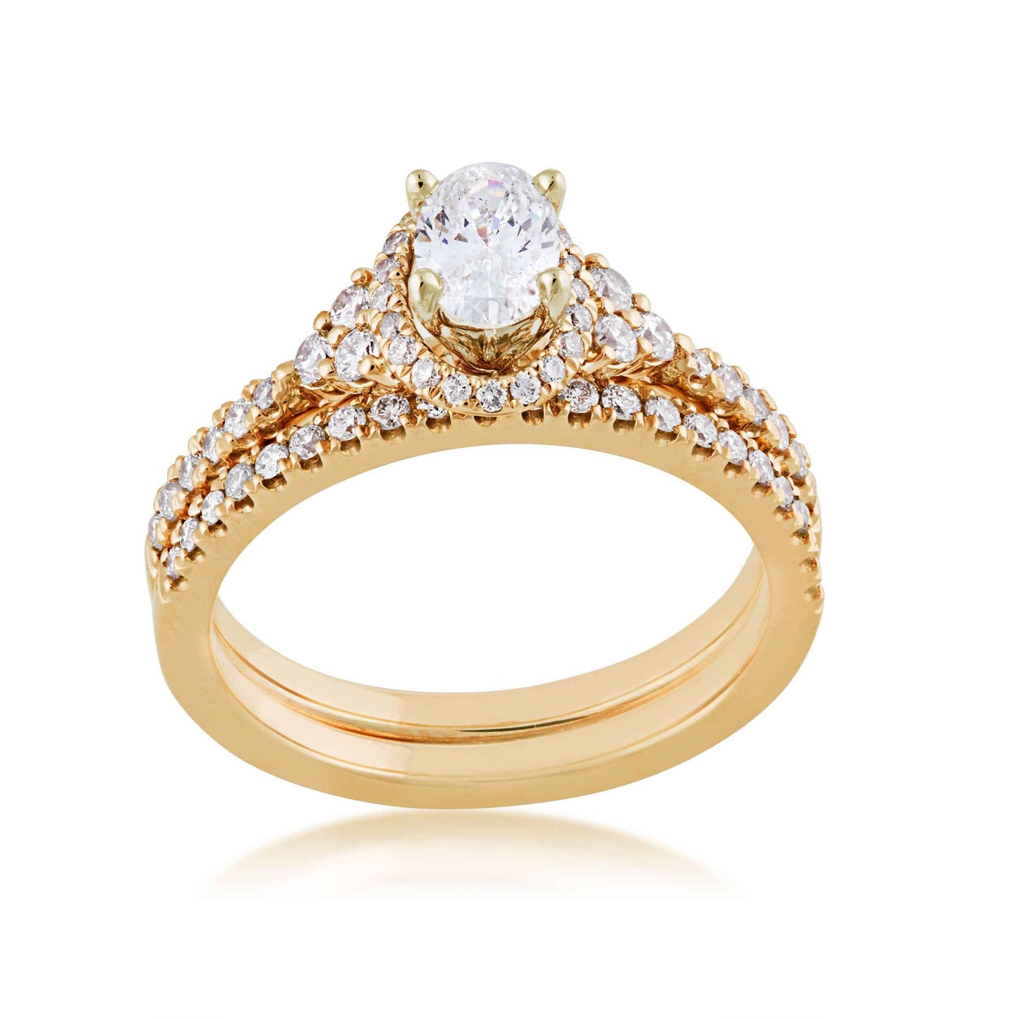 Noventa 1 ct. tw. Oval Diamond Hidden Halo Wedding Set with Side Diamond Cluster Accent in 14K Yellow Gold