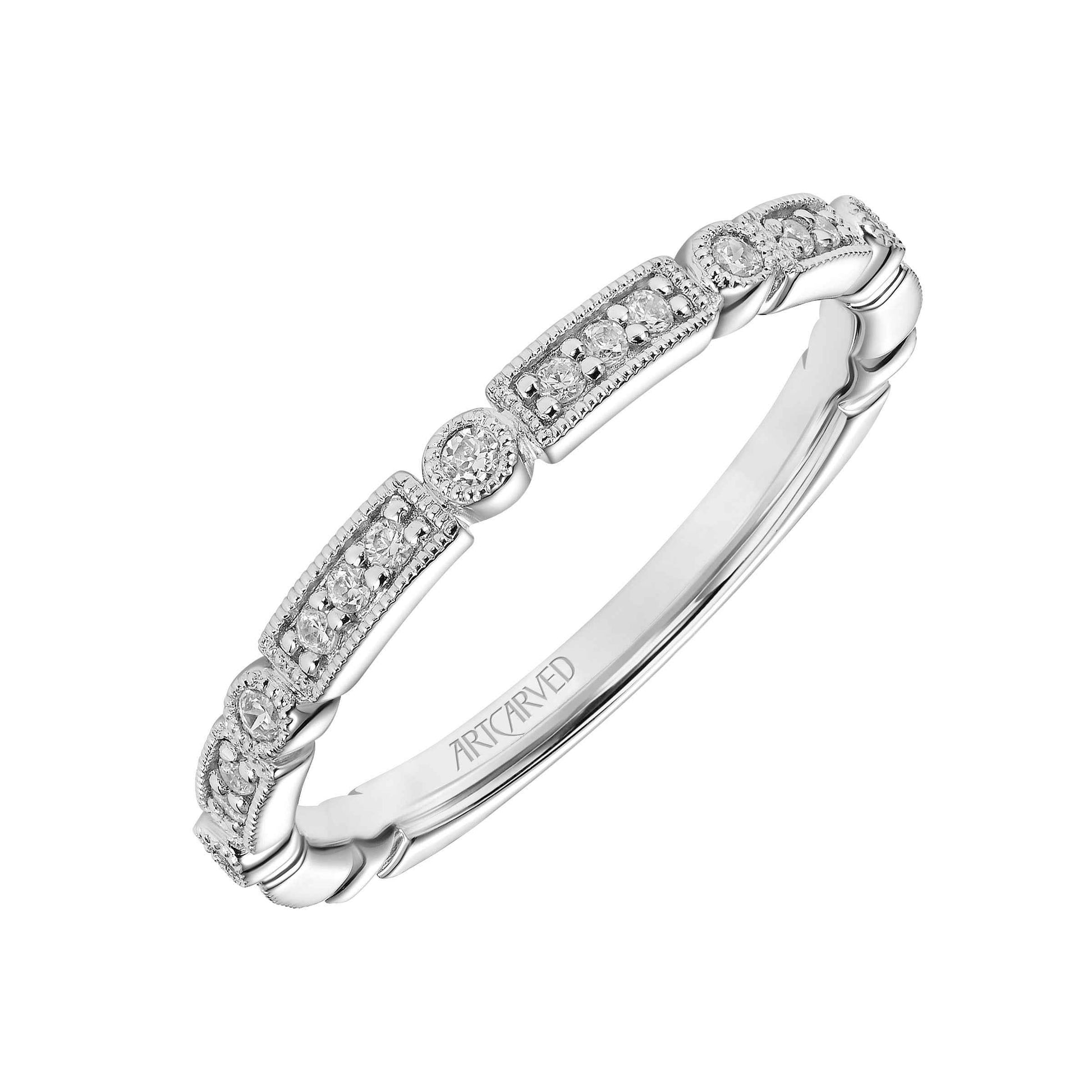 ArtCarved Vintage 1/5 ct. tw. Unique Diamond Accent Wedding Band with Rectangle and Round Alternating Design in front view