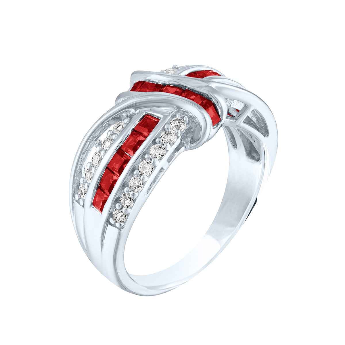 Created Ruby and White Sapphire Fashion Ring with Knot-Inspired Design in Sterling Silver front view