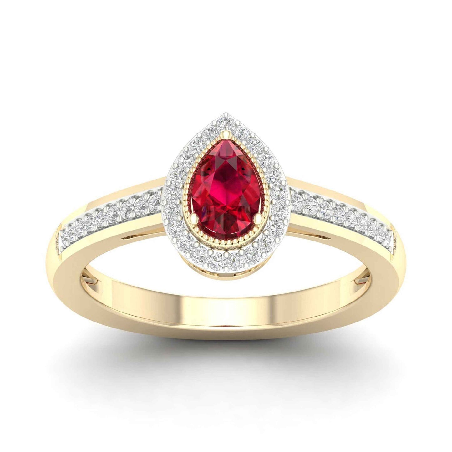 Red Pear-Shaped Ruby and 1/8 ct. tw. Diamond Halo Ring with Milgrain and Filigree Design in 10K Yellow Gold