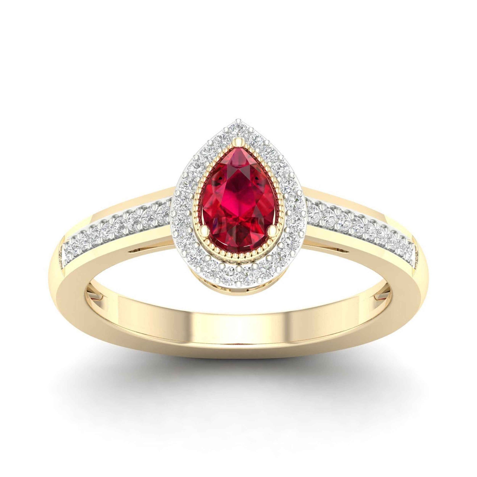 Red Pear-Shaped Ruby and 1/8 ct. tw. Diamond Halo Ring with Milgrain and Filigree Design in 10K Yellow Gold