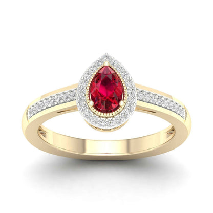 Red Pear-Shaped Ruby and 1/8 ct. tw. Diamond Halo Ring with Milgrain and Filigree Design in 10K Yellow Gold
