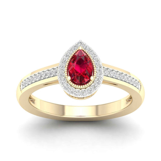 Red Pear-Shaped Ruby and 1/8 ct. tw. Diamond Halo Ring with Milgrain and Filigree Design in 10K Yellow Gold
