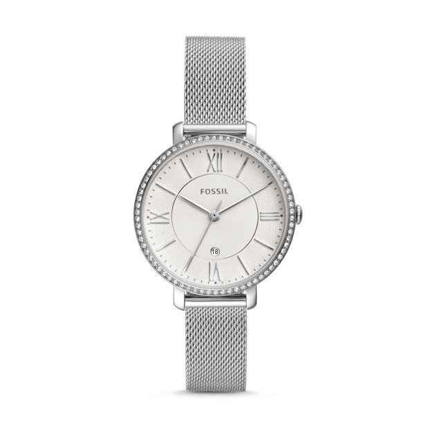 Fossil Ladies' Jacqueline Analog Stainless Steel Watch with White Dial and Mesh Band