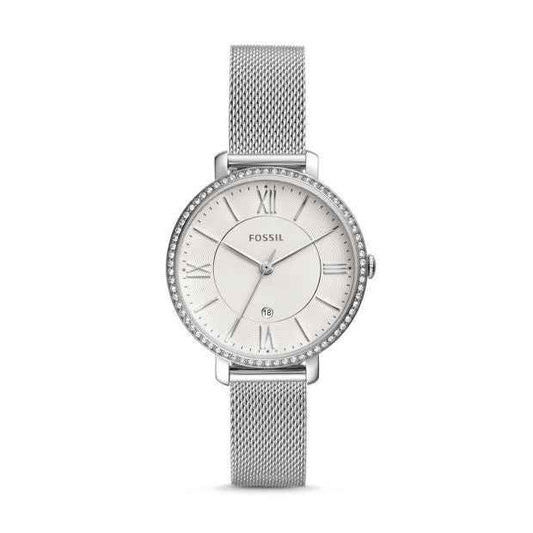 Fossil Ladies' Jacqueline Analog Stainless Steel Watch with White Dial and Mesh Band