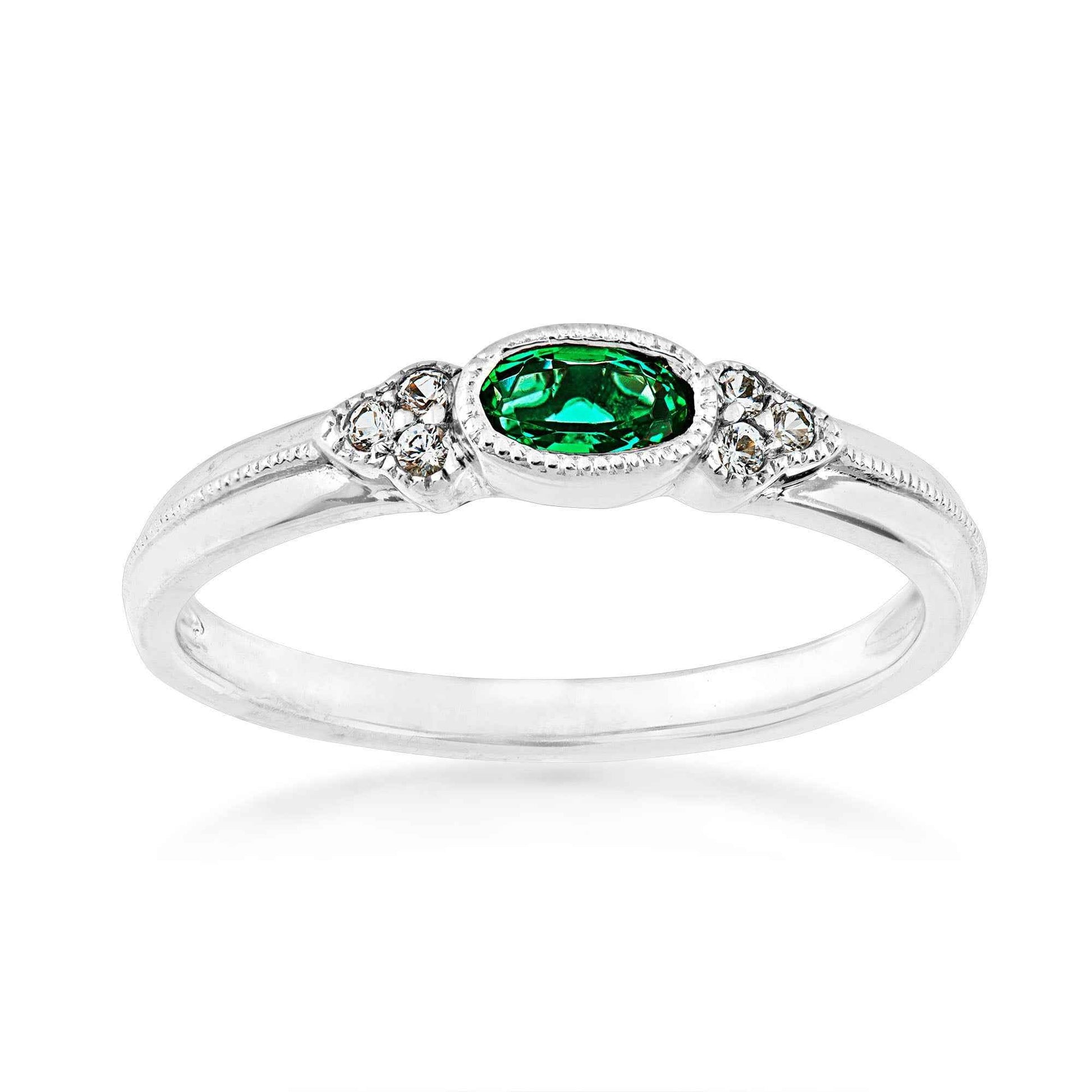 Created Oval Emerald & White Sapphire Stackable Ring with Milgrain Halo in Sterling Silver