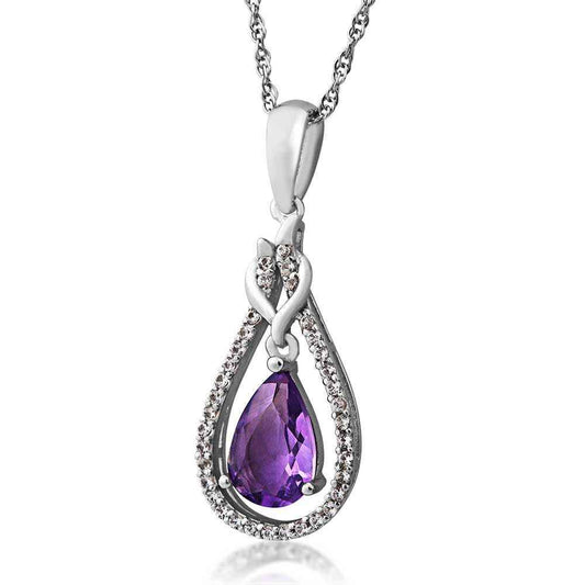 Genuine Pear Shaped Amethyst & Created White Sapphire Pendant in Sterling Silver