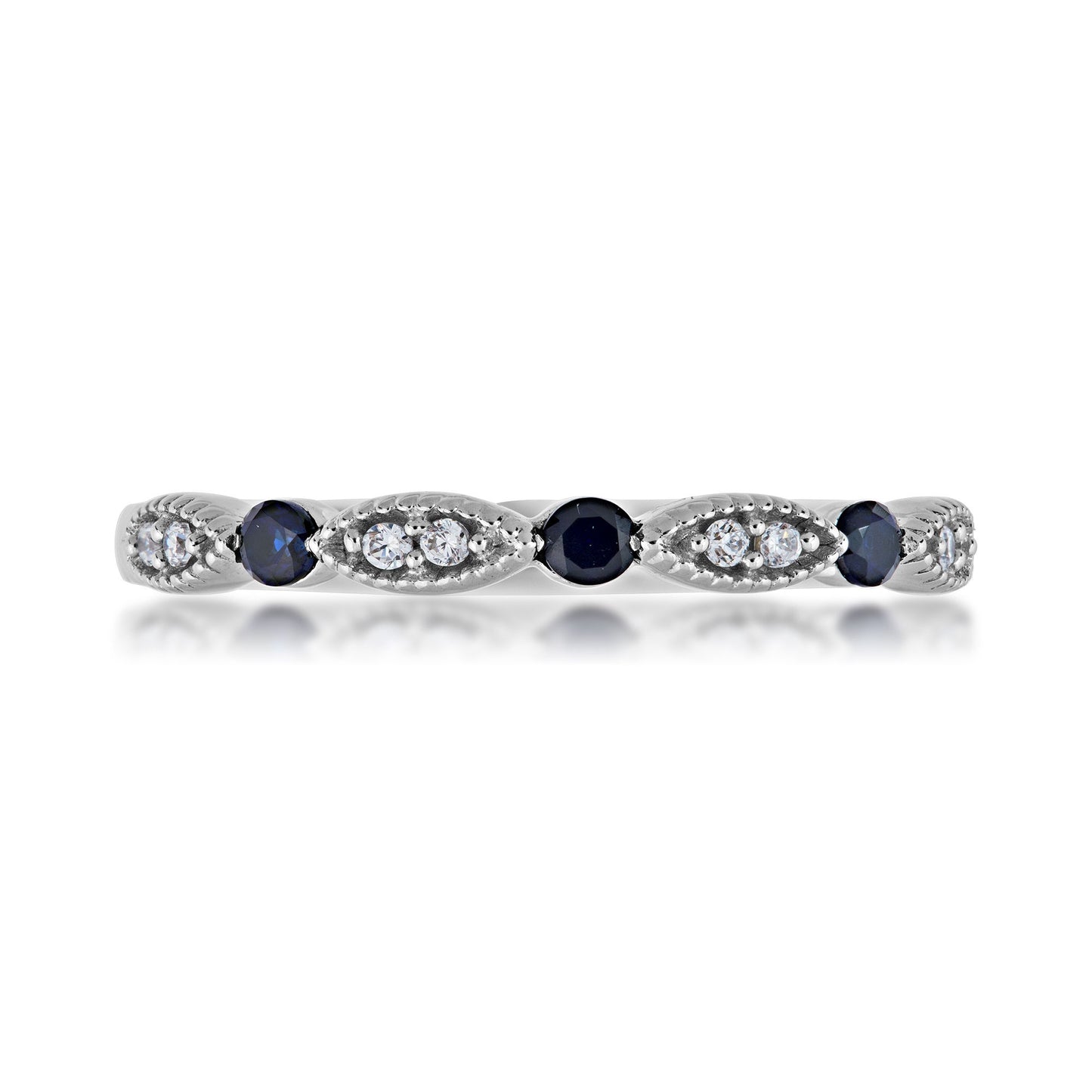Sapphire and .06 ct. tw. Diamond Stackable Ring with Milgrain Detailing in 10K White Gold front view