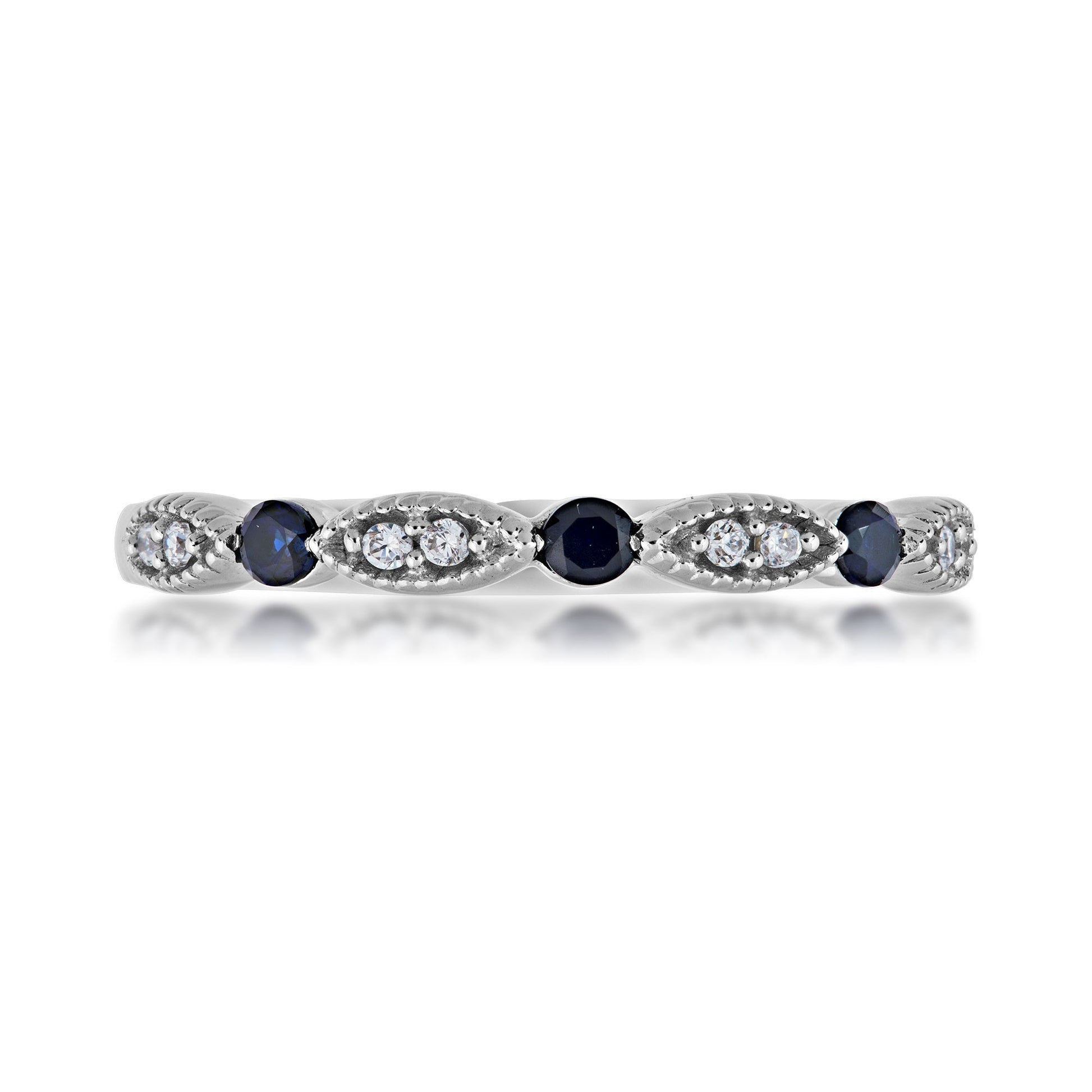 Sapphire and .06 ct. tw. Diamond Stackable Ring with Milgrain Detailing in 10K White Gold front view