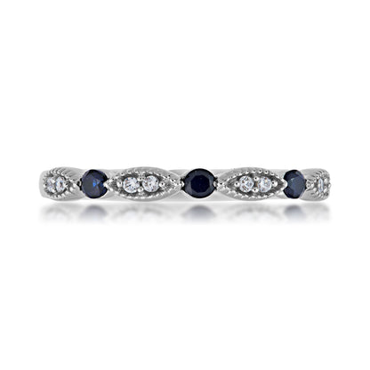 Sapphire and .06 ct. tw. Diamond Stackable Ring with Milgrain Detailing in 10K White Gold front view
