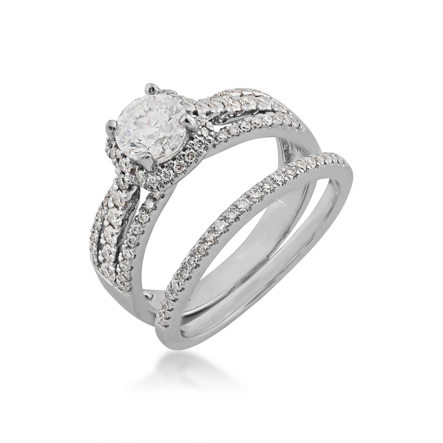Noventa 1-3/8 ct. tw. Round Brilliant Wedding Set with Pave Halo & Band in 14K White Gold close-up detail