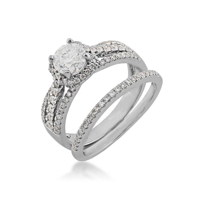 Noventa 1-3/8 ct. tw. Round Brilliant Wedding Set with Pave Halo & Band in 14K White Gold close-up detail