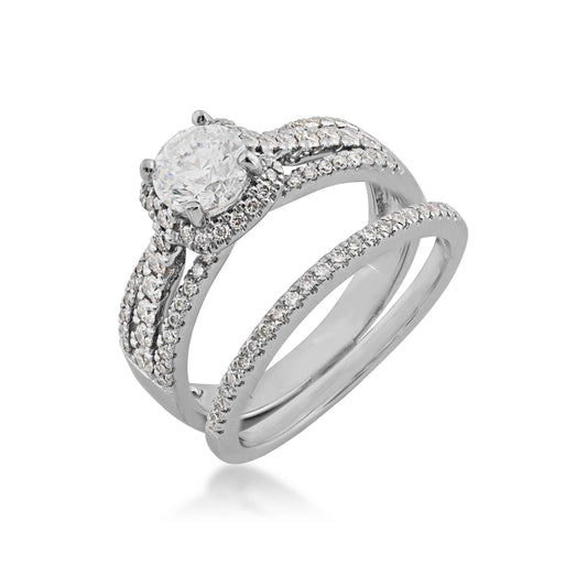 Noventa 1-3/8 ct. tw. Round Brilliant Wedding Set with Pave Halo & Band in 14K White Gold close-up detail