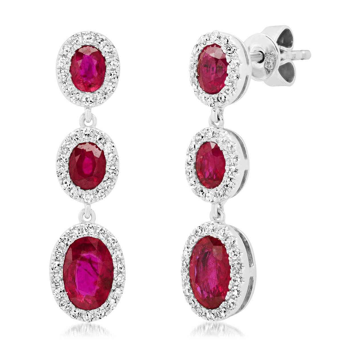 Oval Ruby and 1/3 ct. tw. Diamond Halo 3-Stone Drop Earrings in 14K White Gold