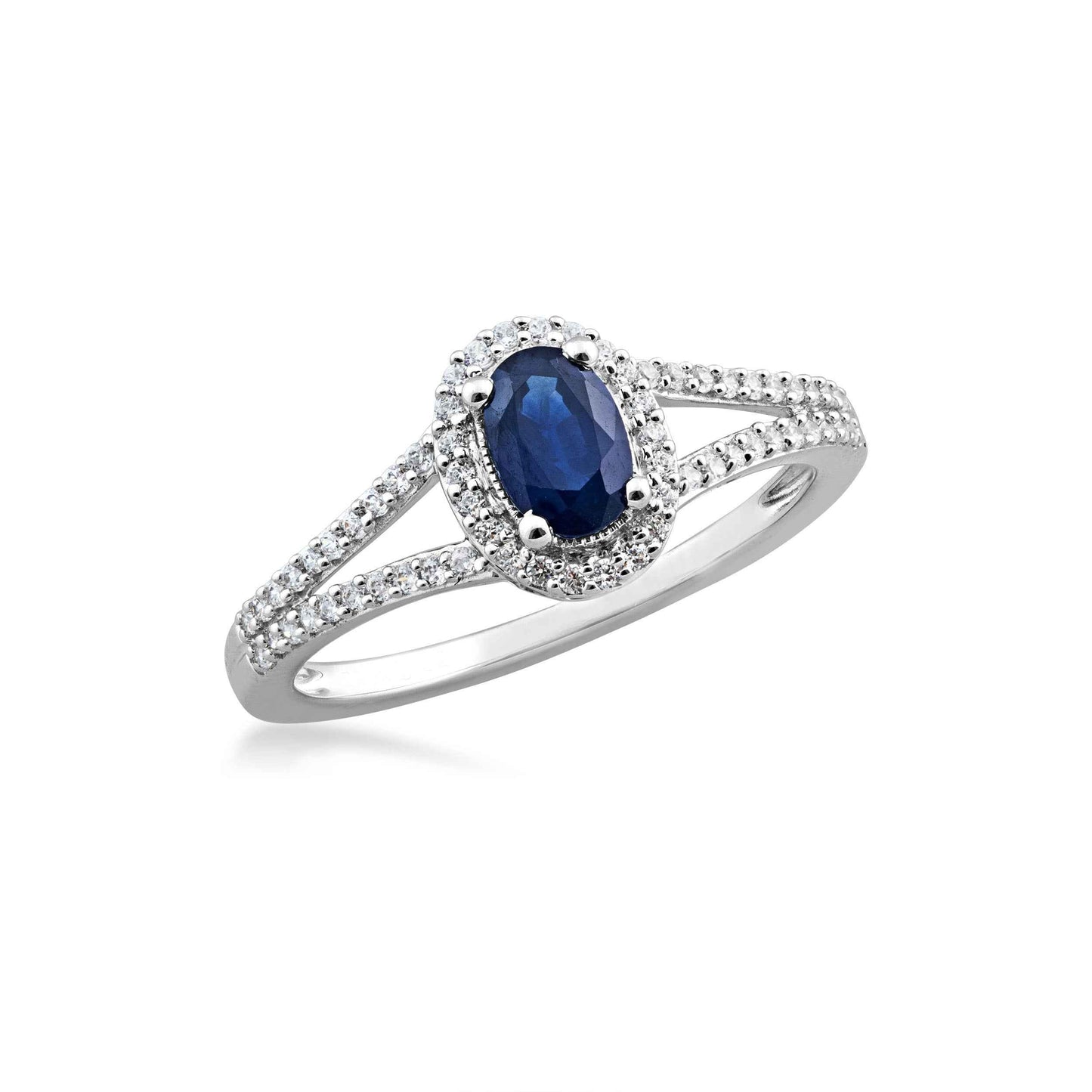 Oval Sapphire and 1/6 ct. tw. Diamond Halo Split Shank Ring in 10K White Gold front view