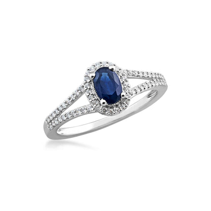 Oval Sapphire and 1/6 ct. tw. Diamond Halo Split Shank Ring in 10K White Gold front view