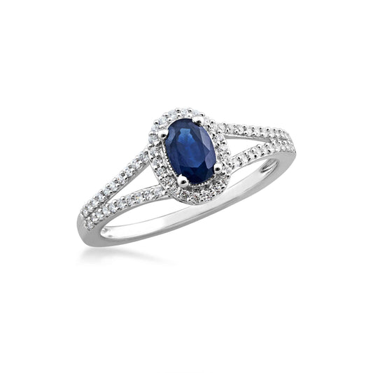 Oval Sapphire and 1/6 ct. tw. Diamond Halo Split Shank Ring in 10K White Gold front view