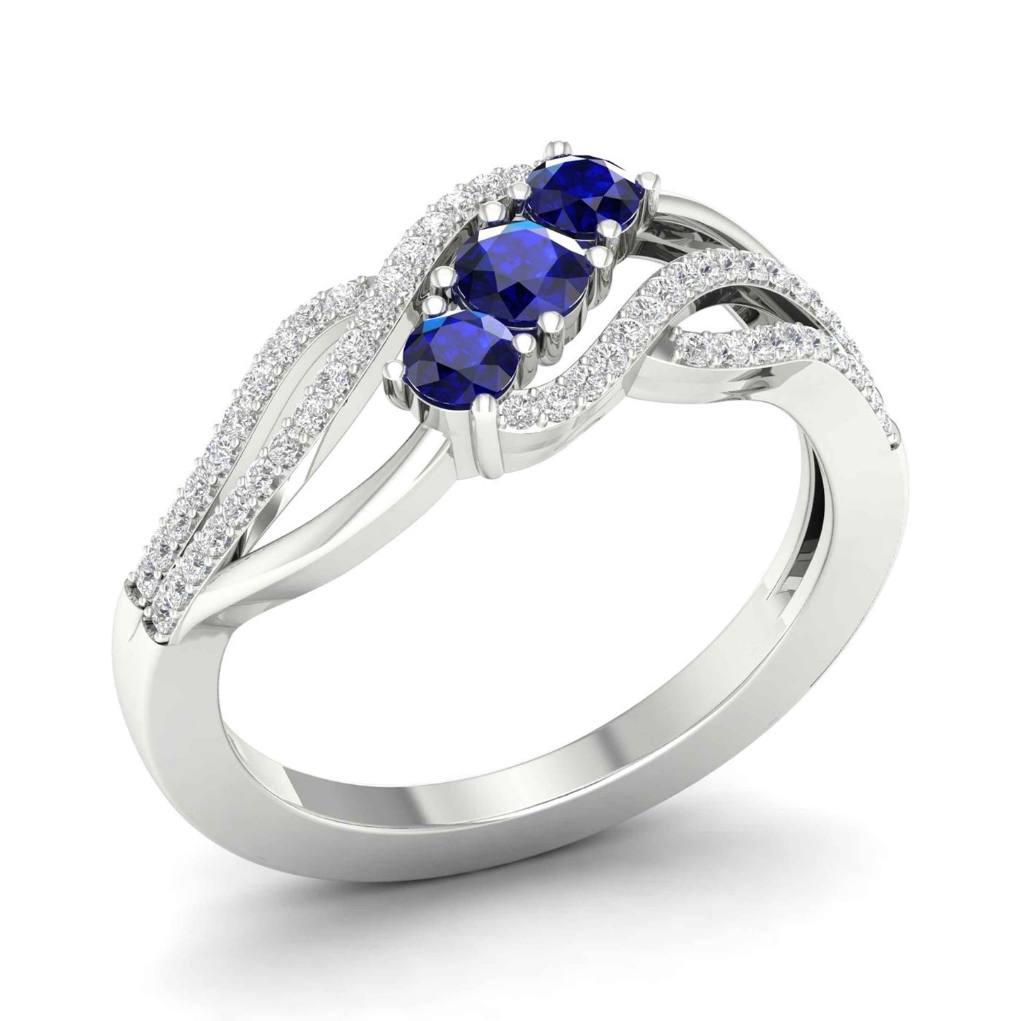Blue Sapphire and 1/6 ct. tw. 3-Stone Diamond Fashion Ring with Split Upper Band in 10K White Gold front view