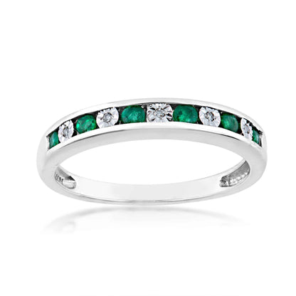 Genuine Round Emerald and .015 ct. tw. Diamond Channel Set Fashion Ring in 10K White Gold